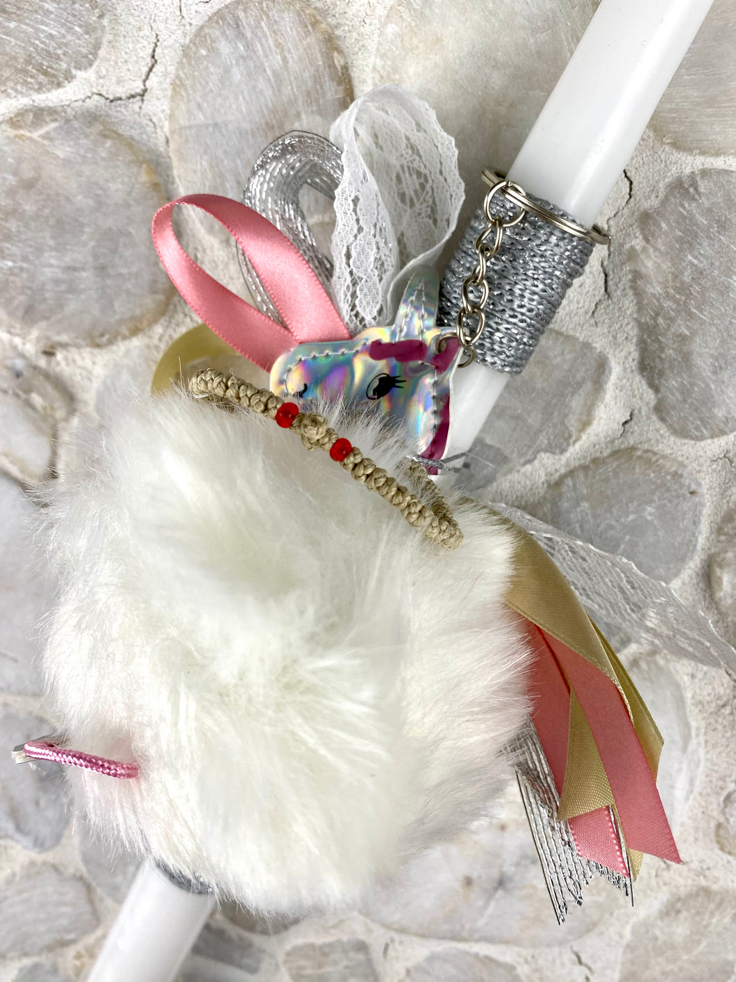 Corded Easter Candle with Unicorn White Pompom  Keychain and Koboskini EC202315