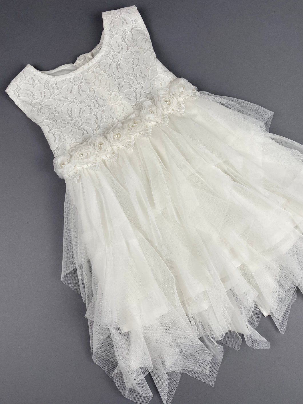 Girls Christening Baptismal Dress 43 with Lace Top and Pearl Rosette Belt