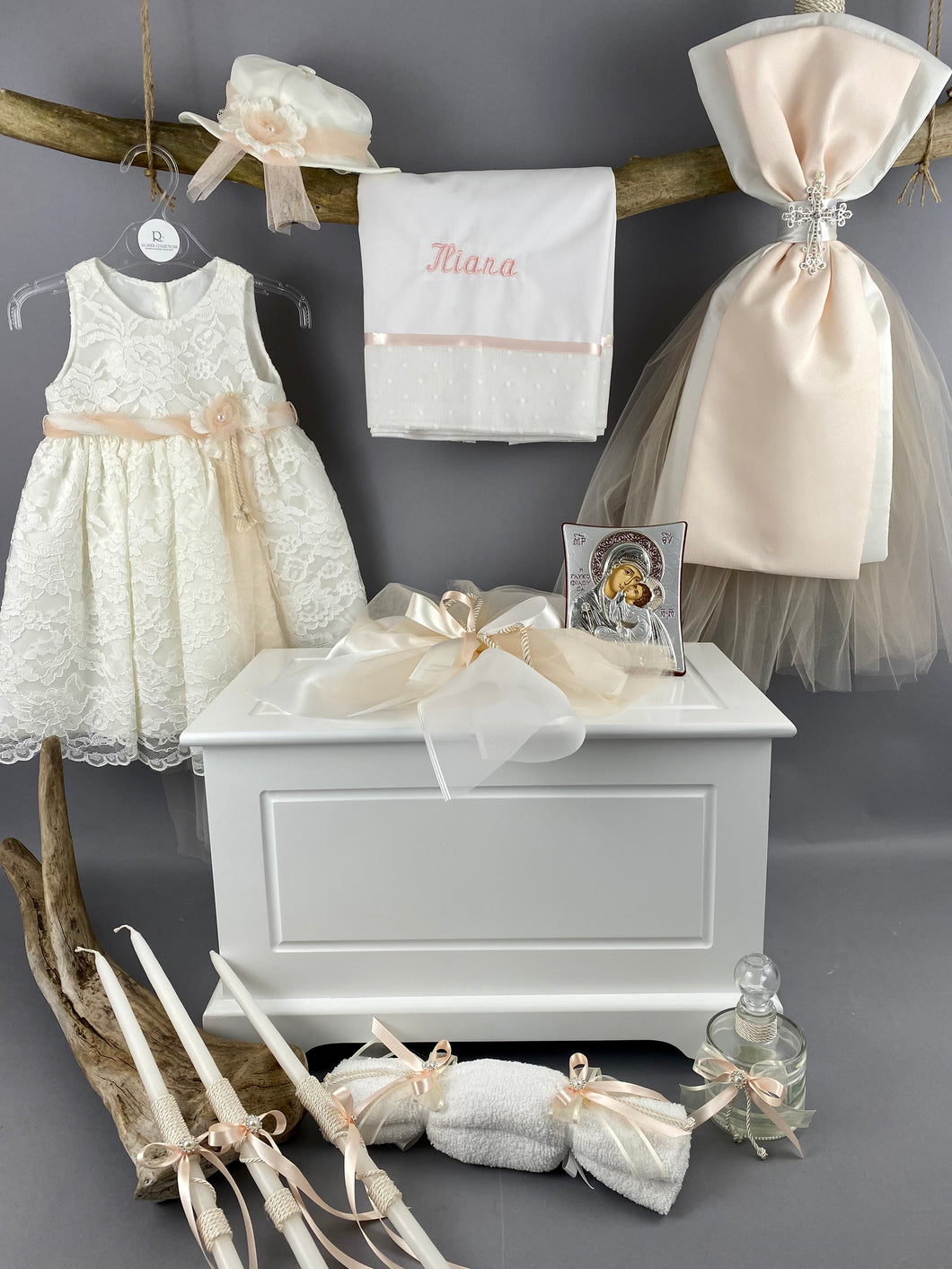Baptism Package Lace Dress, Triantos Gold Cross, Treasure Chest GBP4
