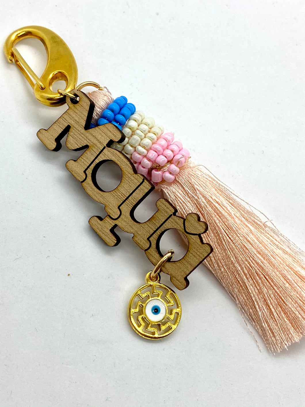 Wooden Mama with Mati Charm and Beaded Tassel Keychain