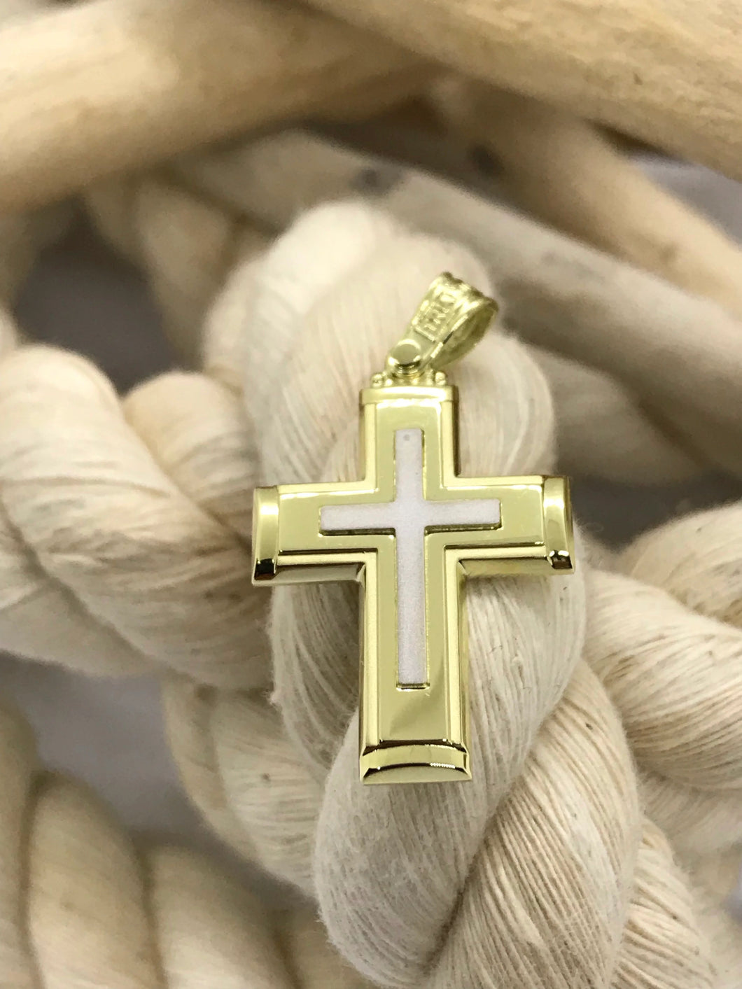 Triantos 14k 2 Tone Yellow and White Gold Cross Brushed and Polished 4.3g 222409
