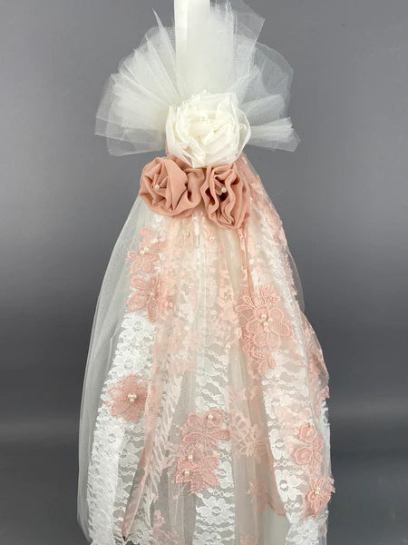 White and Dusty Rose French Lace 32” Baptismal Candle with Flowers and Pearls GC20227