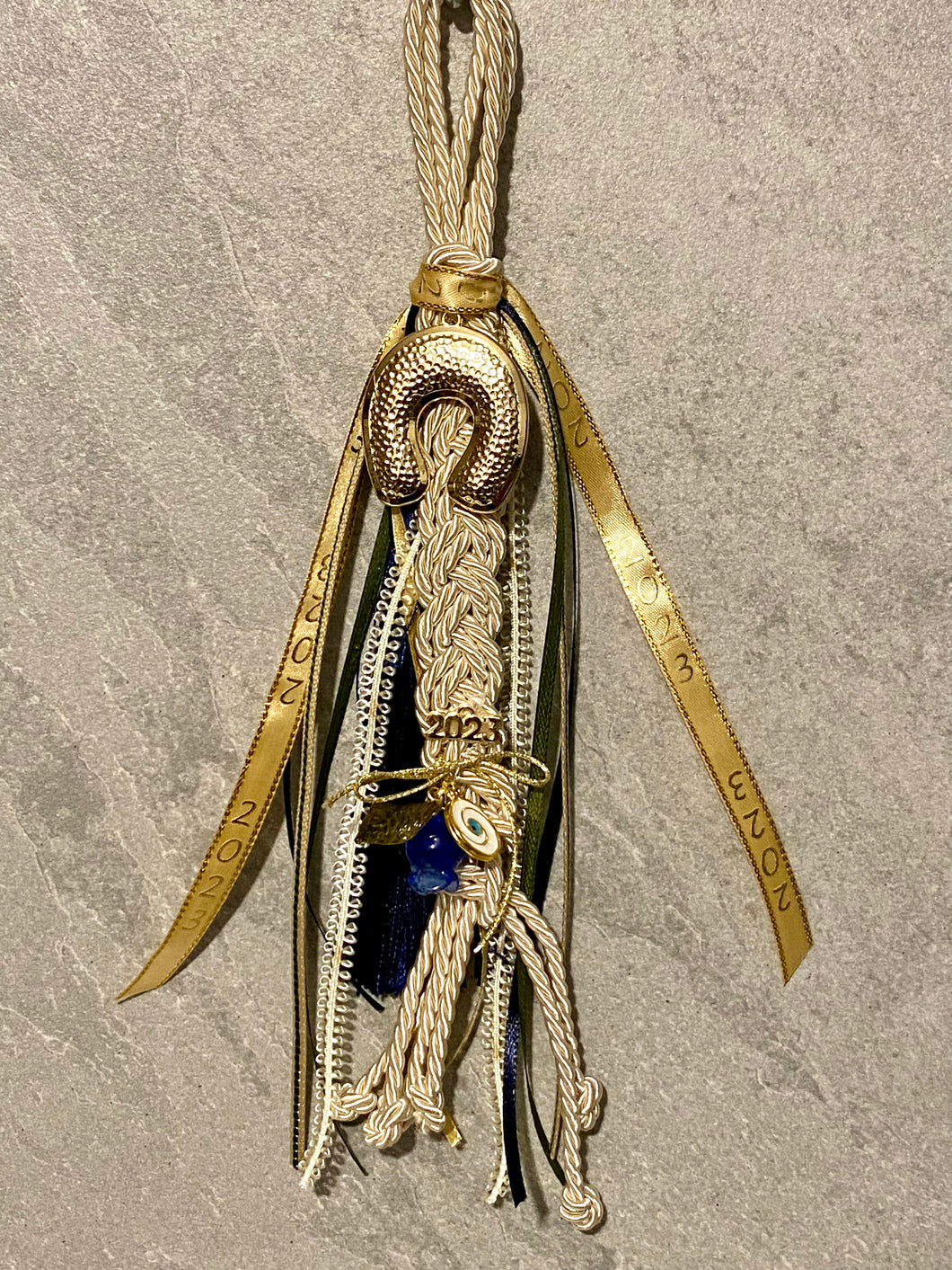 Metal Lucky Shoe Horse Gouri with Charms, Glass Pomegranate, Tassel and Ribbons G233439