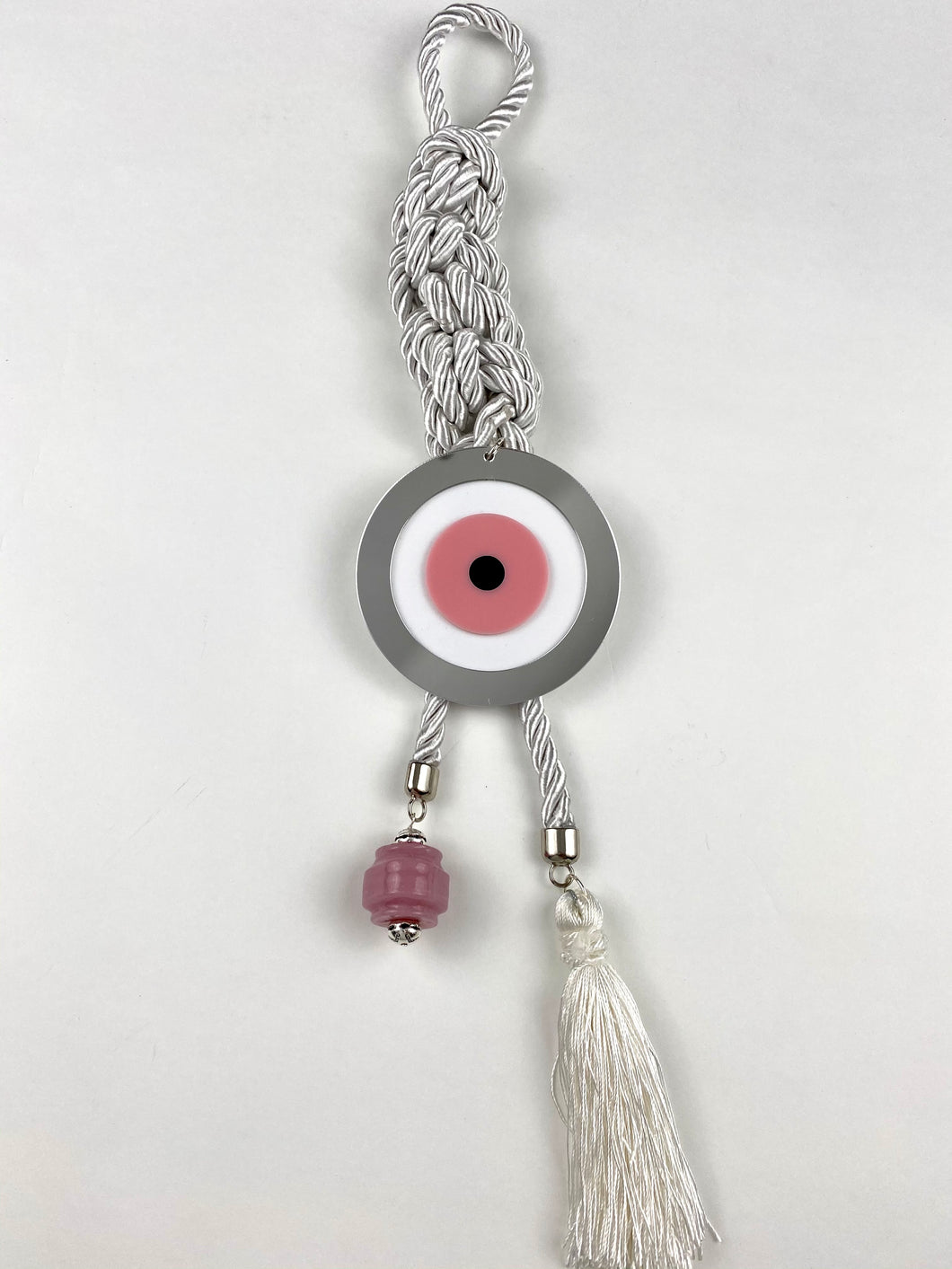 Gouri 20208 White Pearl Cord, large Acrylic Evil Eye, tassel and large Marble Rock