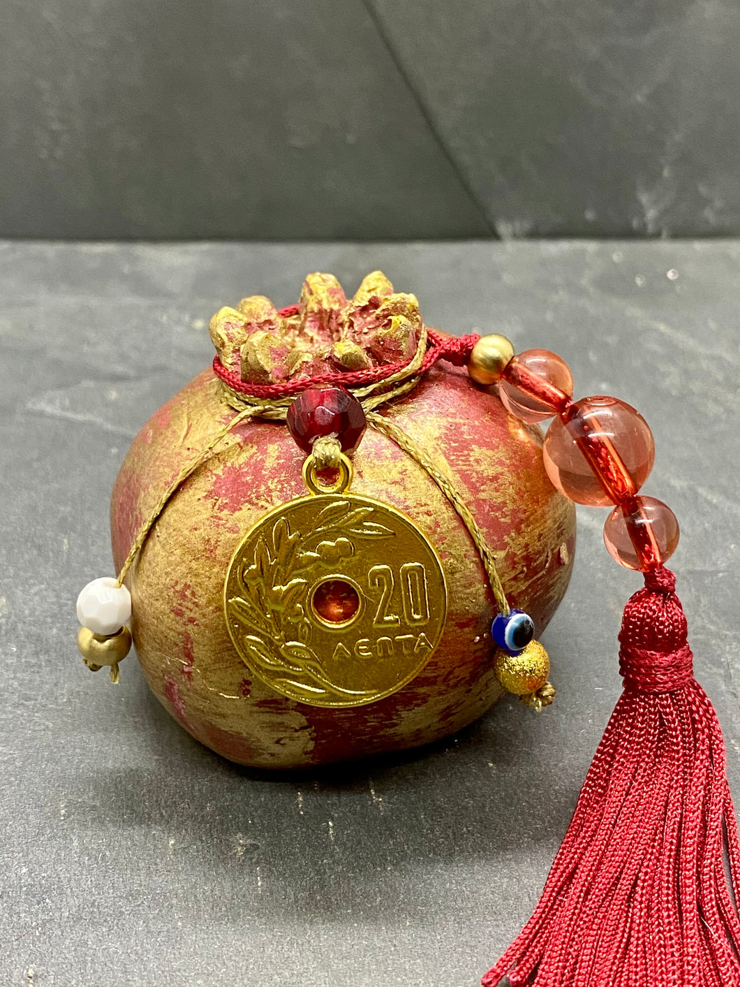 Two Tone Ceramic Pomegranate with 20 Lepta Coin, beads and beaded Tassel