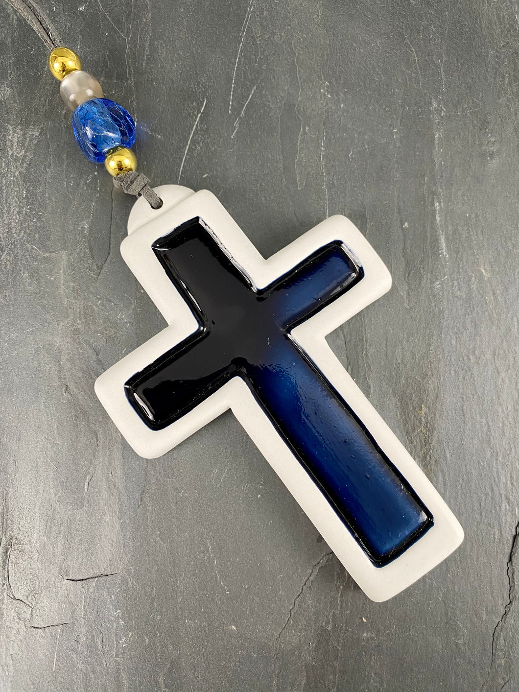 Navy Blue and White Ceramic Hanging Cross with Murano Beads IG25
