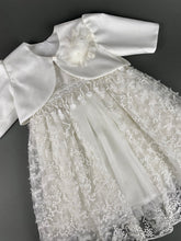 Load image into Gallery viewer, Dress 71 Girls Baptismal Christening Glitter French Lace Dress with Tail, matching Bolero and Hat. Made in Greece exclusively for Rosies Collections
