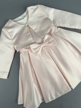 Load image into Gallery viewer, Dress 102 Girls Baptismal Christening Sleeveless Soft Pink Satin Dress with Pearl Neckline and Matching Balero. Made exclusively for Rosies Collections
