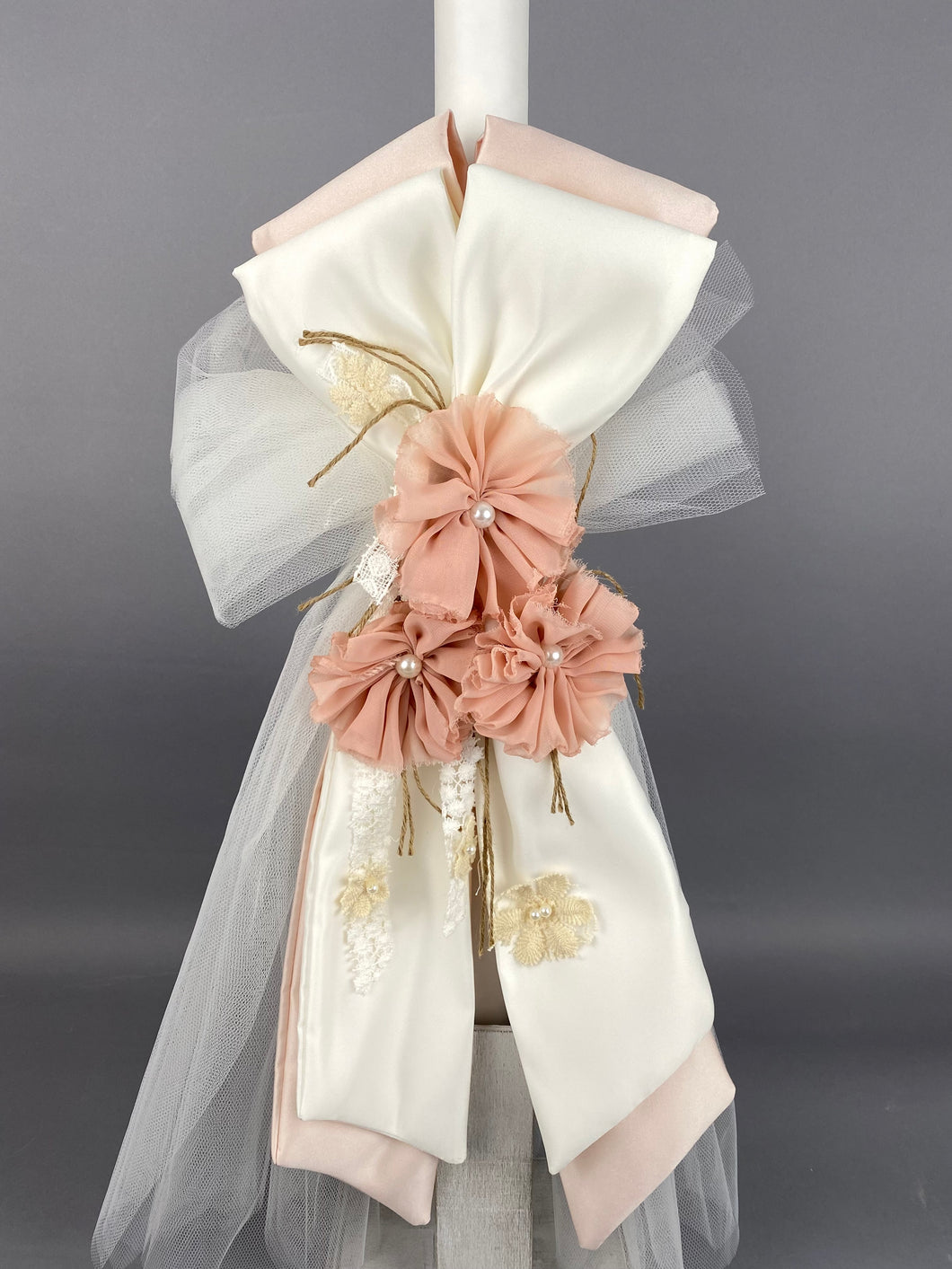White and Dusty Rose Satin 32” Baptismal Candle with Lace, Flowers and Pearls GC20229