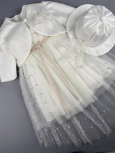 Load image into Gallery viewer, Dress 33 Girls Baptismal Christening Sleeveless 3pc Pearl Dress with removable skirt, matching Bolero and Hat. Made in Greece exclusively for Rosies Collections.
