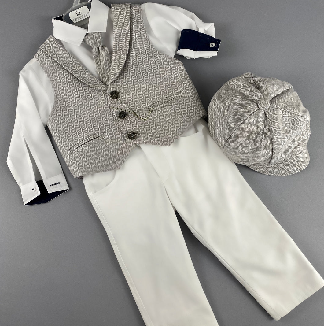 Rosies Collections 7pc full suit, Dress shirt trimmed with navy blue and cuff sleeves, Pants, Jacket with Matching Vest, Belt or Suspenders, Cap. Made in Greece exclusively for Rosies Collections S202334