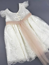 Load image into Gallery viewer, Dress 57 Girls Baptismal Christening Cap Leave French Lace Dress, with matching Bolero and Hat. Made in Greece exclusively for Rosies Collections.
