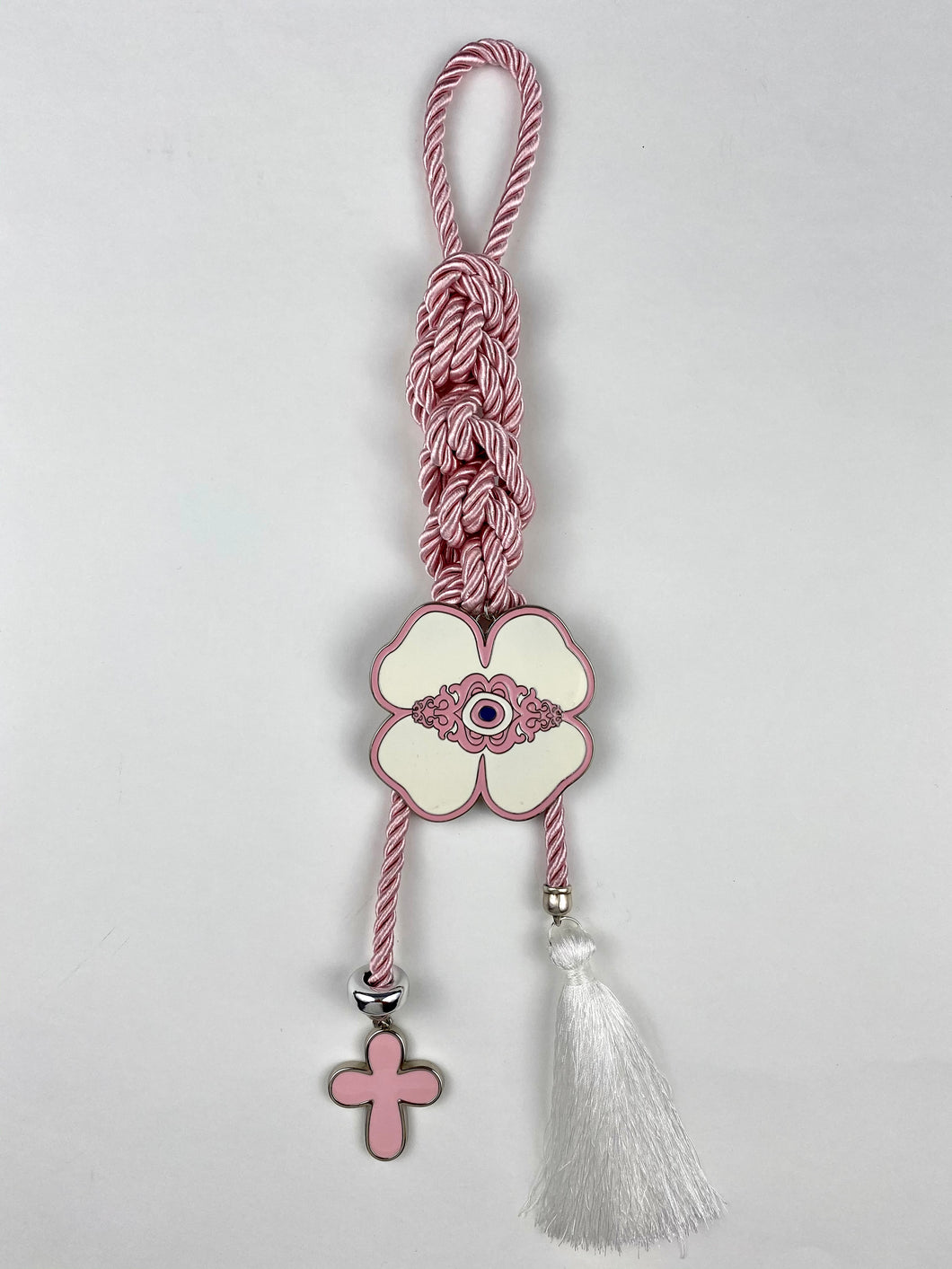 Gouri 202015 Pink Pearl Cord with Large Four leaf clover Evil Eye, Large Metal Cross with tassel
