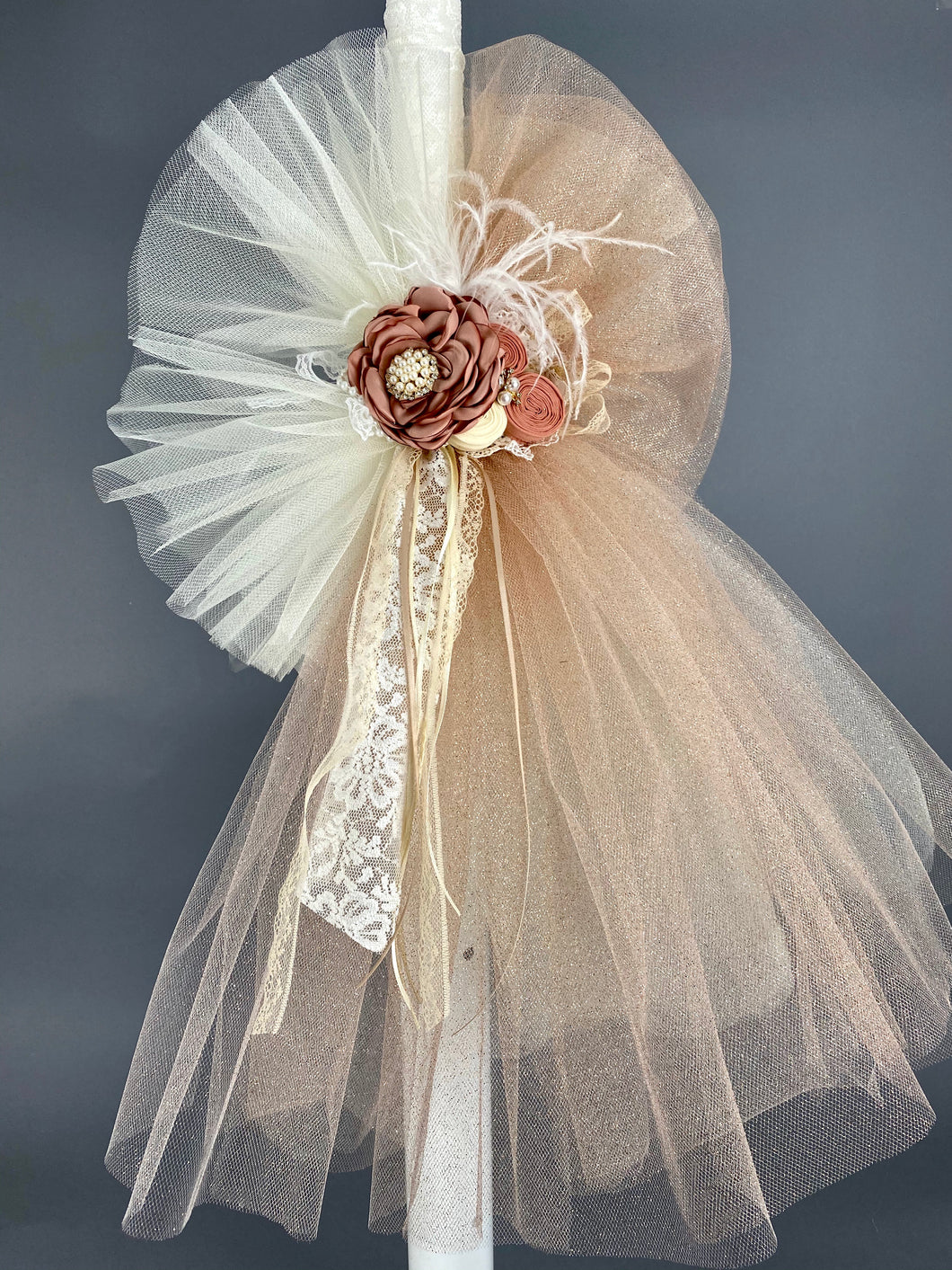 Rose Gold Baptism Candle with gold sparkles and dusty rose flowers
