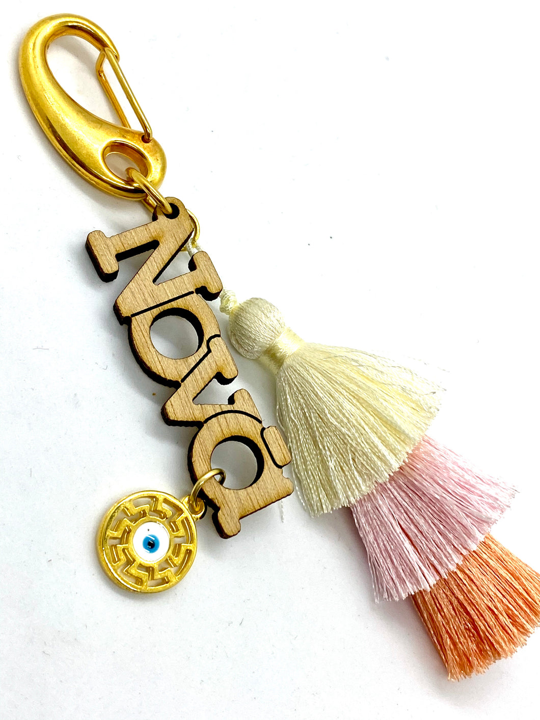 Wooden Nona with Mati Charm and Triple Tassel Keychain