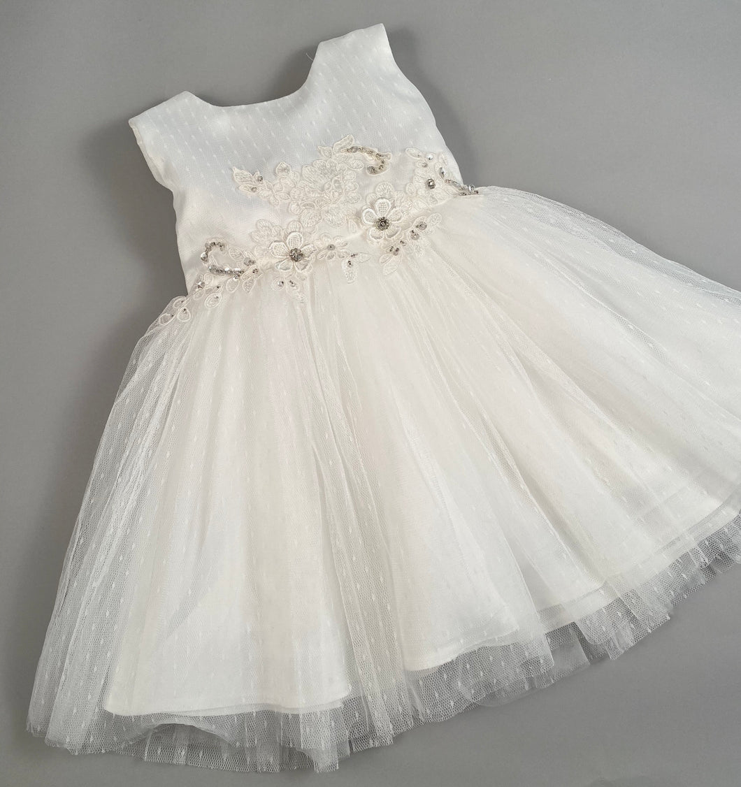Dress 1 Girls Christening Baptismal Embroidered Dress with Rhinestone Flowers
