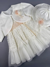 Load image into Gallery viewer, Dress 25 Girls Baptismal Christening Sleeveless  3pc Dress with Lace, matching Bolero and Hat. Made in Greece exclusively for Rosies Collections.
