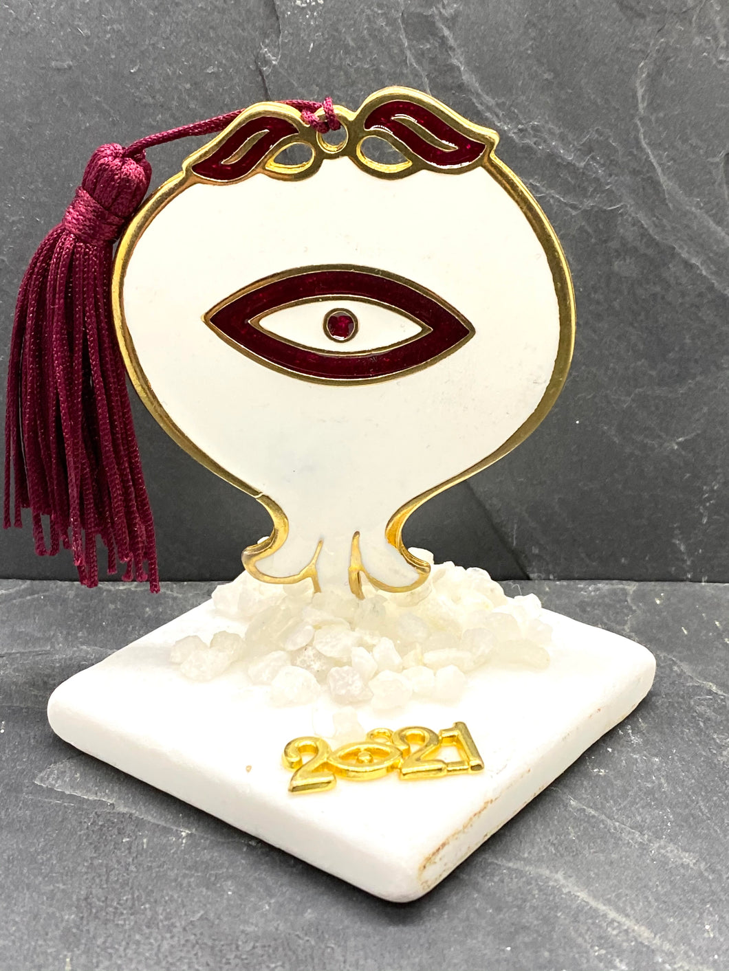 Large Metal Mati Pomegranate on Marble with Marble Pebbles and Tassel