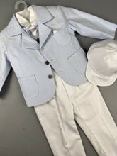 Load image into Gallery viewer, Rosies Collections 7pc full suit, Dress shirt with cuff sleeves, White Pants, Baby Blue Pinstripe Jacket, Belt or Suspenders, Cap. Made in Greece exclusively for Rosies Collections S20196
