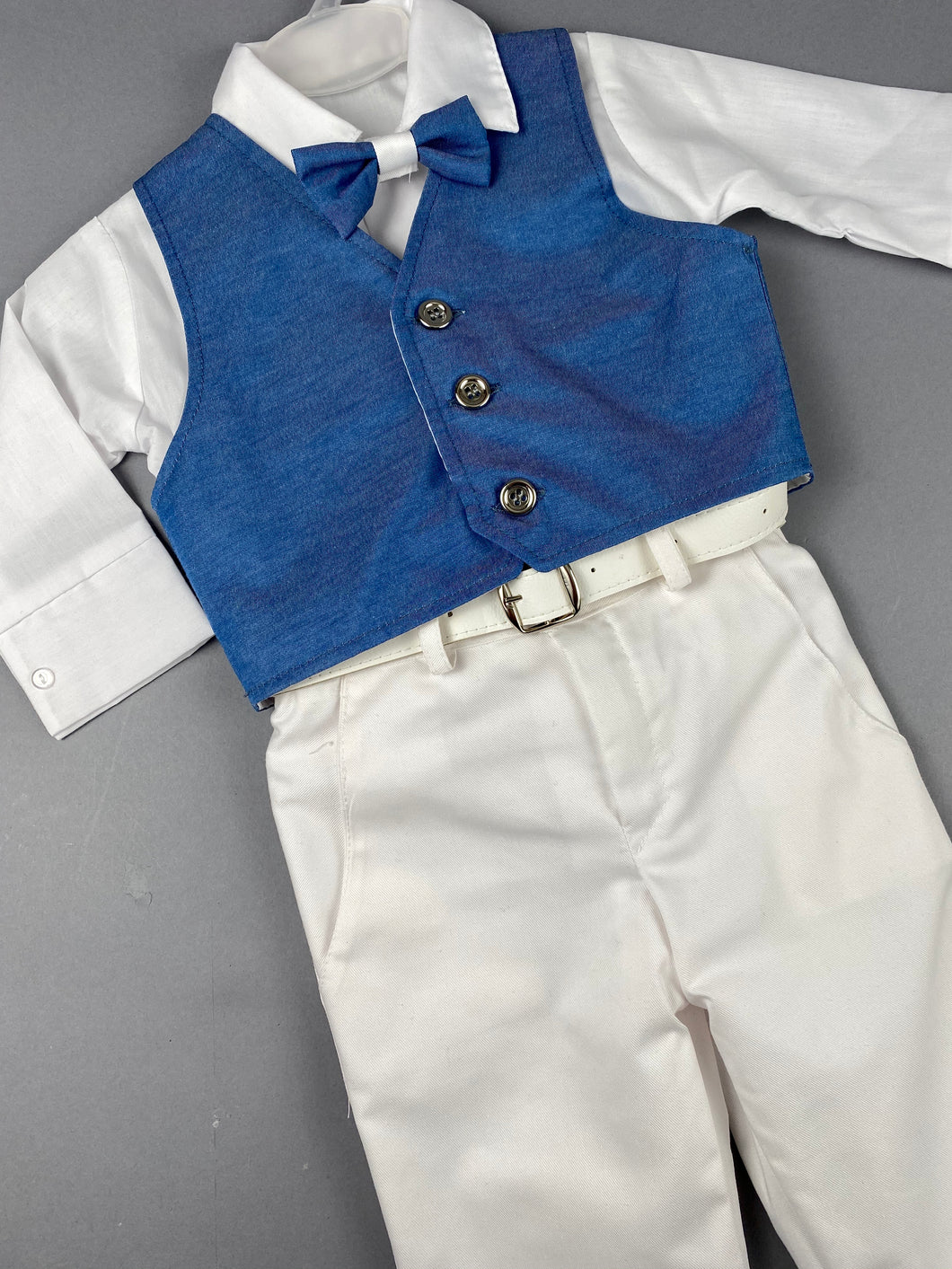 Rosies Collections 7pc full suit, Dress shirt With Cuff sleeves, Pants, Blue Jacket,  Blue Vest, Belt or Suspenders, Cap. Made in Greece exclusively for Rosies Collections S201916
