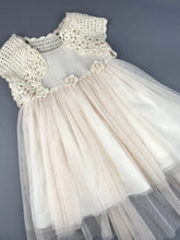 Load image into Gallery viewer, Dress 64 Girls Baptismal Christening Pale Dusty Rose Dress with Tail, Crochet Flowers and belt, matching Bolero and Hat. Made in Greece exclusively for Rosies Collections.
