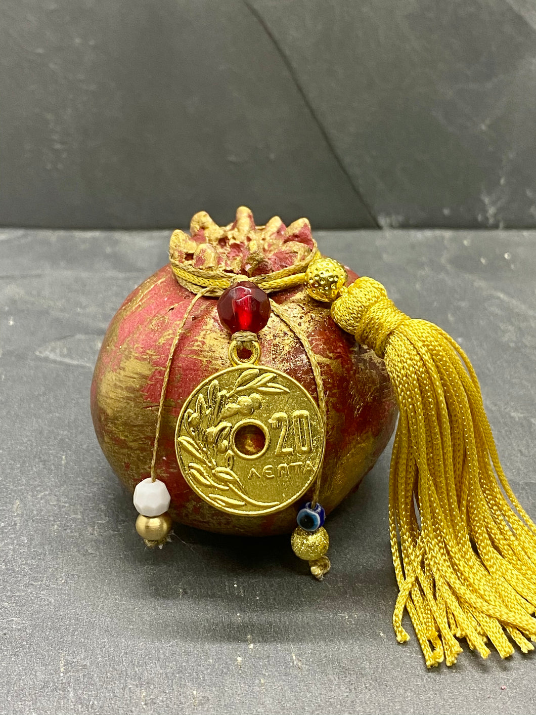 Two Tone Ceramic Pomegranate with 20 Lepta Coin, beads and Tassel