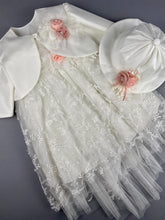 Load image into Gallery viewer, Dress 28 Girls Baptismal Christening Sleeveless  3pc French Lace Layered  Dress with long French Lace trail, matching Bolero and Hat. Made in Greece exclusively for Rosies Collections.
