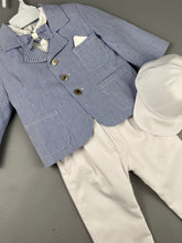 Load image into Gallery viewer, Rosies Collections 7pc full suit, Dress shirt Trimmed with Blue Stripe,Cuff sleeves, White Pants, Blue Pinstripe Jacket, Vest, Belt or Suspenders, Cap. Made in Greece exclusively for Rosies Collections S201910
