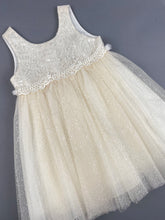 Load image into Gallery viewer, Dress 60 Girls Baptismal Christening Dress very light glitter dusty rose with sequence top, matching Bolero and Hat. Made in Greece exclusively for Rosies Collections.
