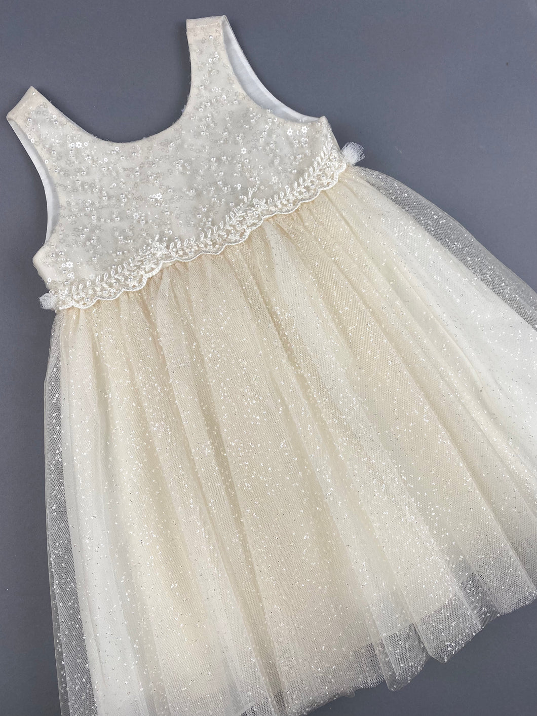 Dress 60 Girls Baptismal Christening Dress very light glitter dusty rose with sequence top, matching Bolero and Hat. Made in Greece exclusively for Rosies Collections.