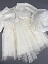 Load image into Gallery viewer, Dress 65 Girls Baptismal Christening Sequence French Lace Dress with Tail, matching Bolero and Hat. Made in Greece exclusively for Rosies Collections.
