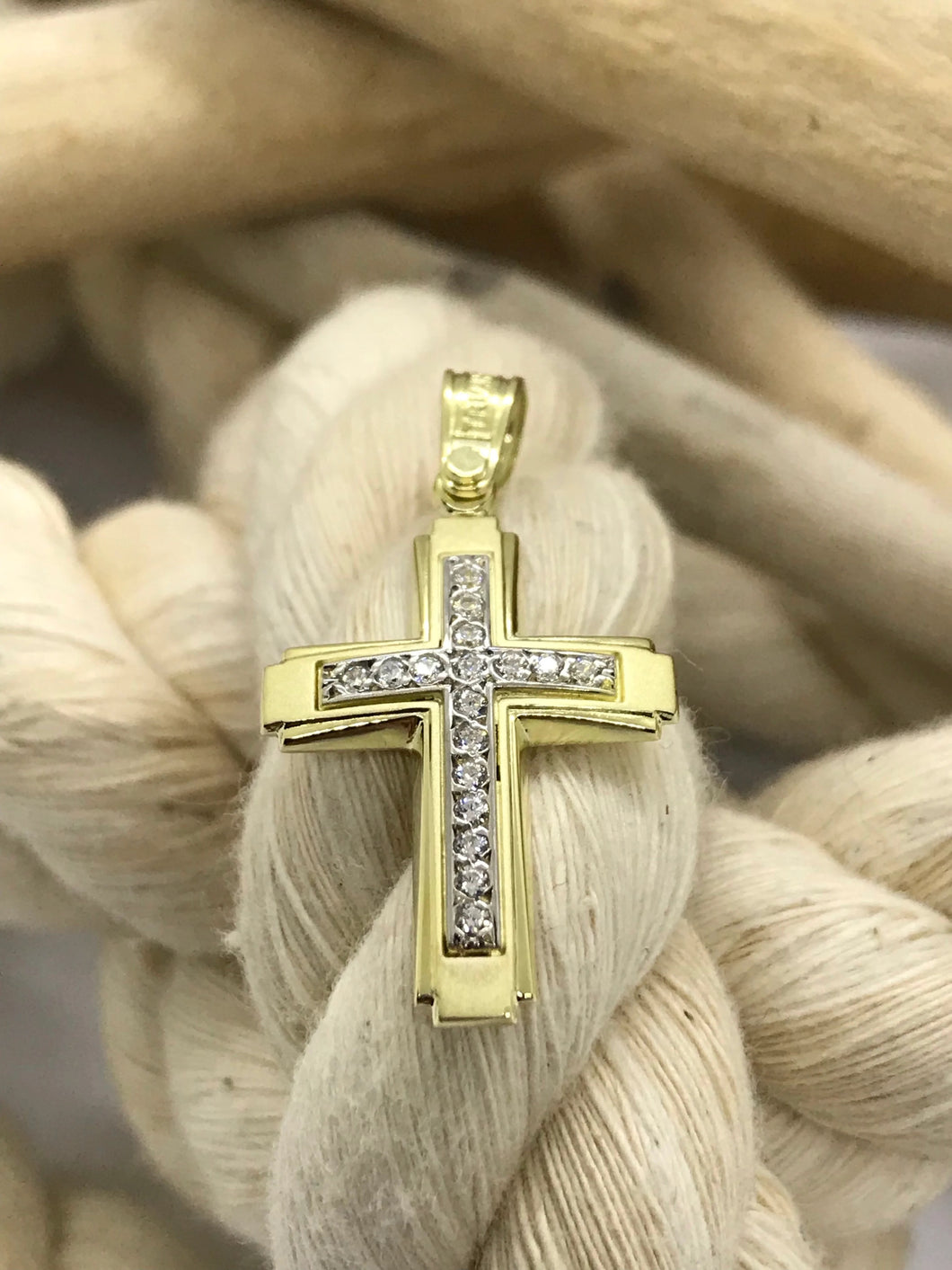 Triantos 14k Yellow Gold Cross brushed and polished with precious stones 222405
