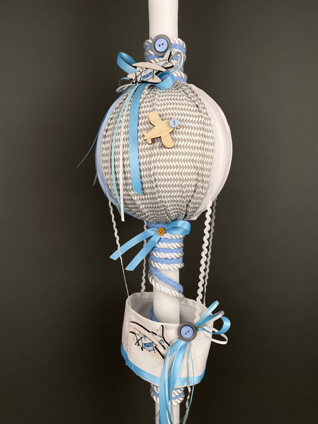 Hot Air Ballon 32” Baptismal Candle Light Blue and Grey with Wooden Accents BC202371