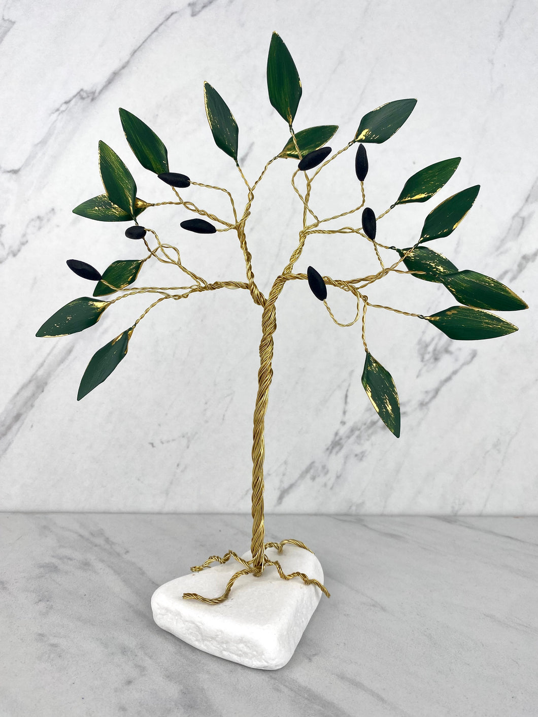 Handle Made Bronze Olive Tree with Green Leaves and Olives on Marble Base T04034