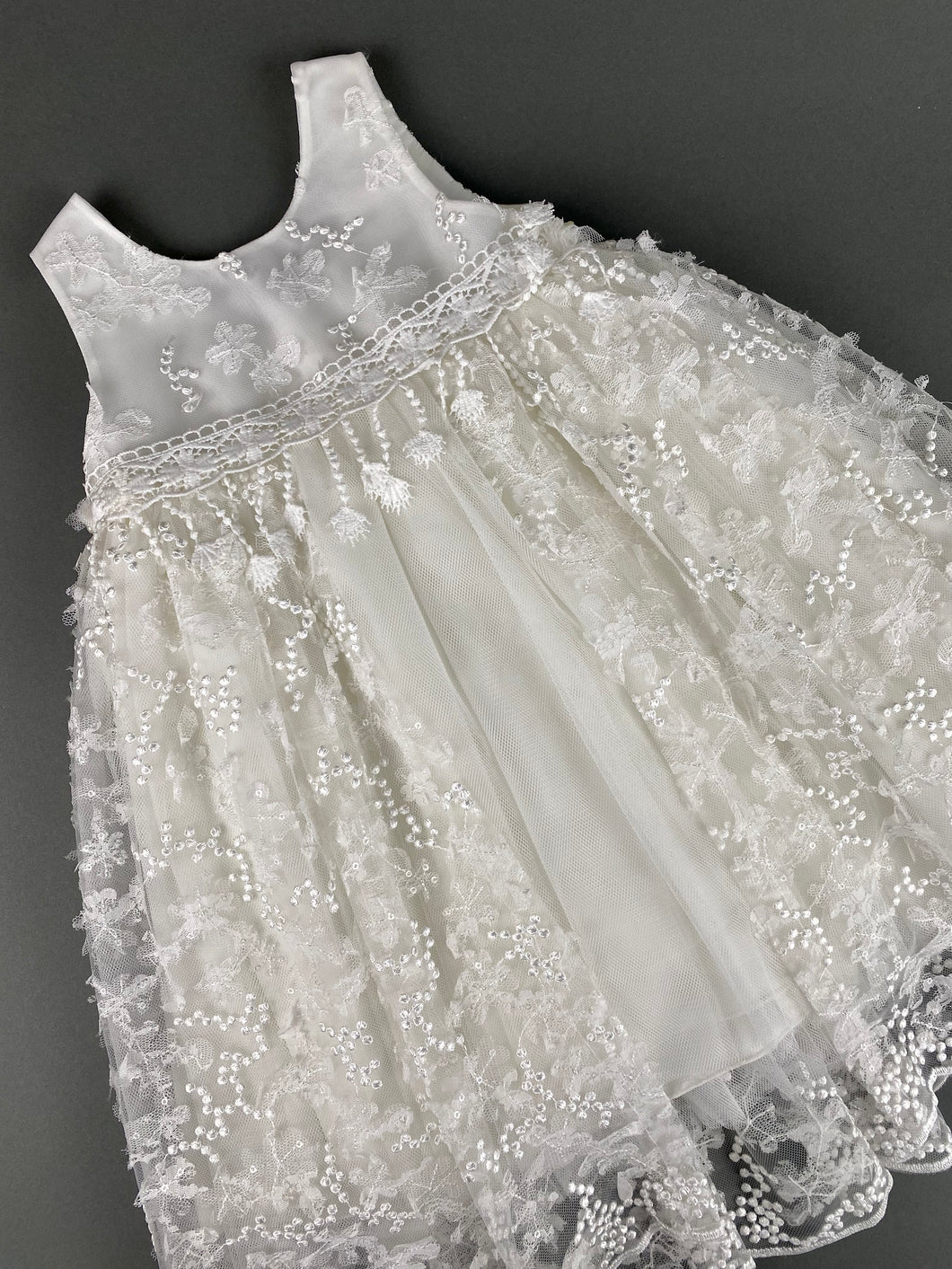 Dress 71 Girls Baptismal Christening Glitter French Lace Dress with Tail, matching Bolero and Hat. Made in Greece exclusively for Rosies Collections