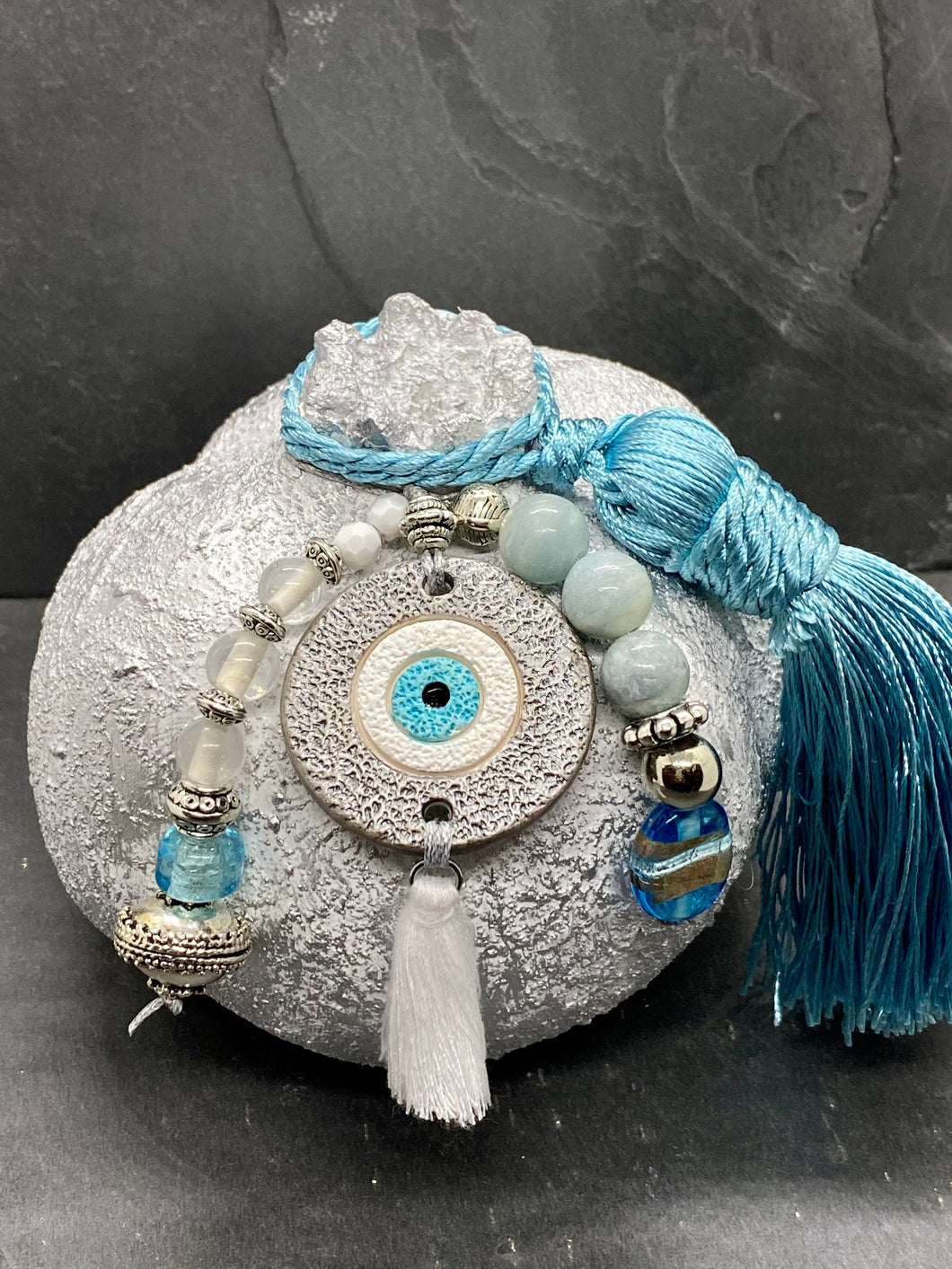 Large Two Tone White Silver   Ceramic Pomegranate, Ceramic Mati, Murano  Glass Beads with Tassels