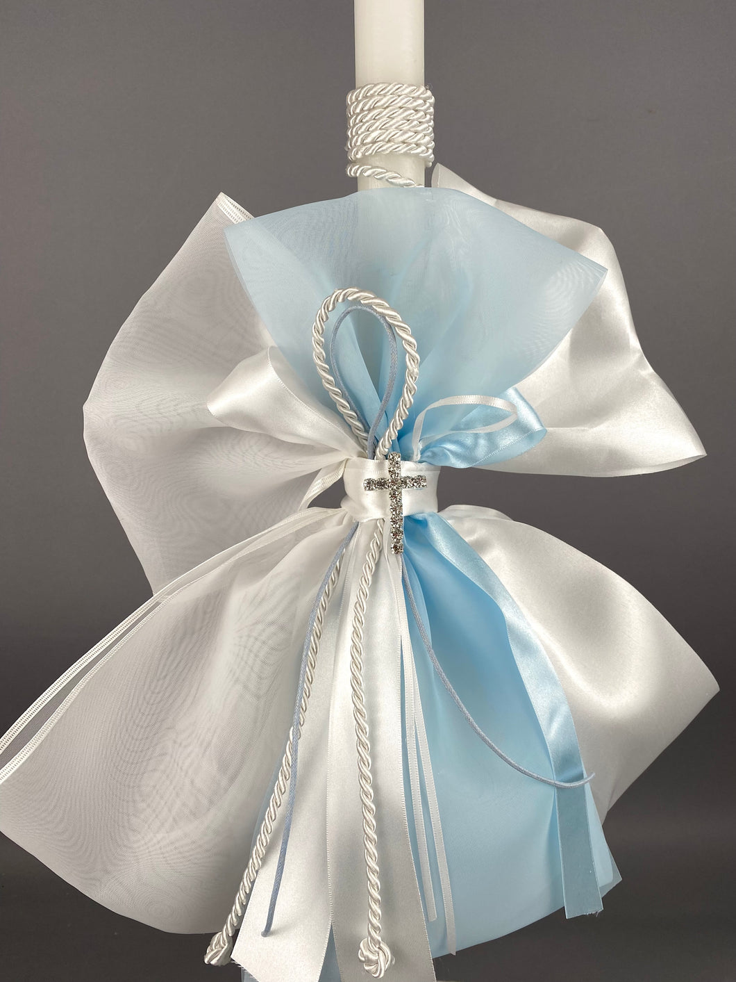 Baptismal Candle with Baby Blue Organza and Rhinestone Cross GC202218