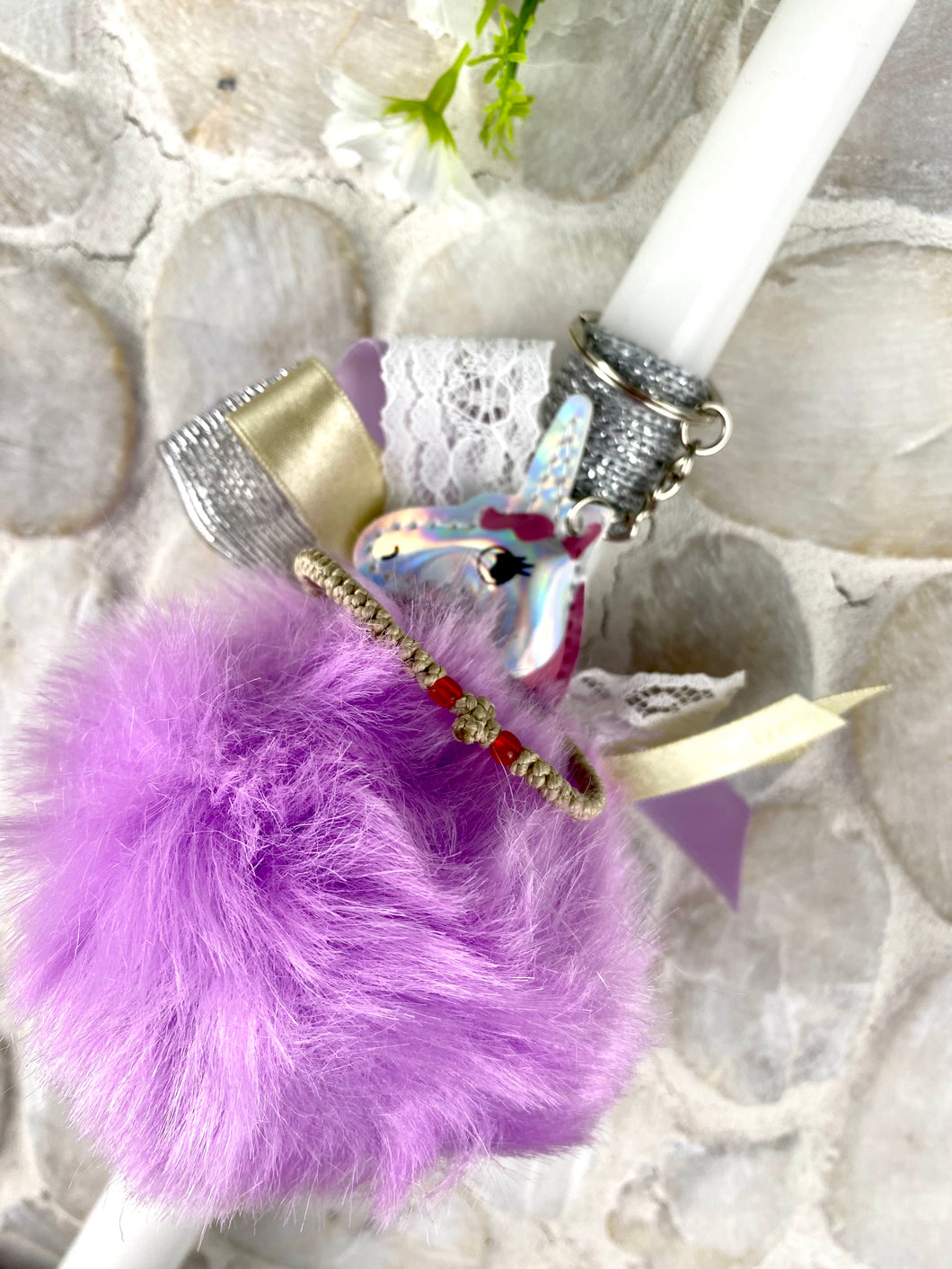 Corded Easter Candle with Unicorn Purple Pompom  Keychain and Koboskini EC202314