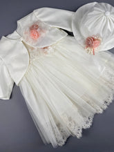 Load image into Gallery viewer, Dress 31 Girls Baptismal Christening Sleeveless  3pc French Lace  Dress, matching Bolero and Hat. Made in Greece exclusively for Rosies Collections.
