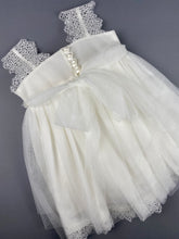 Load image into Gallery viewer, Dress 21 Girls Baptismal Christening Sleeveless  3pc Lace Embroidered Dress, with matching Bolero and Hat. Made in Greece exclusively for Rosies Collections.
