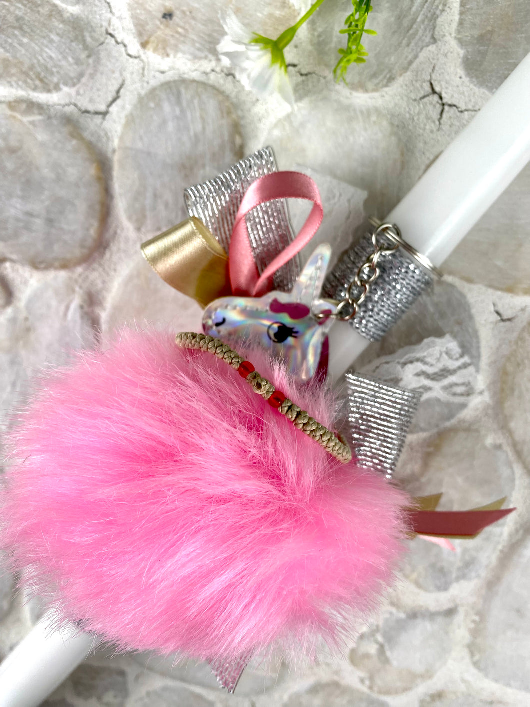 Corded Easter Candle with Unicorn Pink Pompom  Keychain and Koboskini EC202313