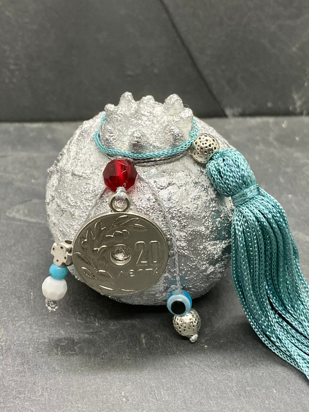 Two Tone White Silver Ceramic Pomegranate with 20 Lepta Coin, beads and Tassel