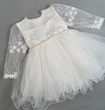 Load image into Gallery viewer, Dress 2 Girls Christening Baptismal Embroidered Dress with Sleeves and Pearl Belt
