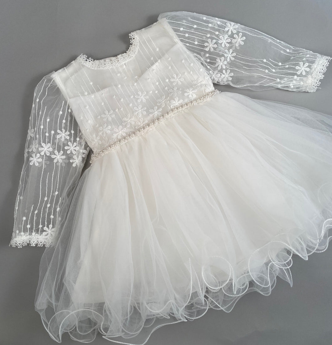 Dress 2 Girls Christening Baptismal Embroidered Dress with Sleeves and Pearl Belt