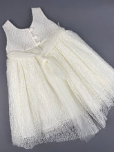 Load image into Gallery viewer, Dress 65 Girls Baptismal Christening Sequence French Lace Dress with Tail, matching Bolero and Hat. Made in Greece exclusively for Rosies Collections.
