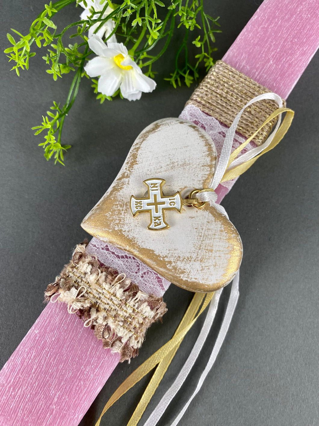 Rectangular Pink Easter Candle with Ceramic Heart  and Konstantinato Metal Charm EC2023406