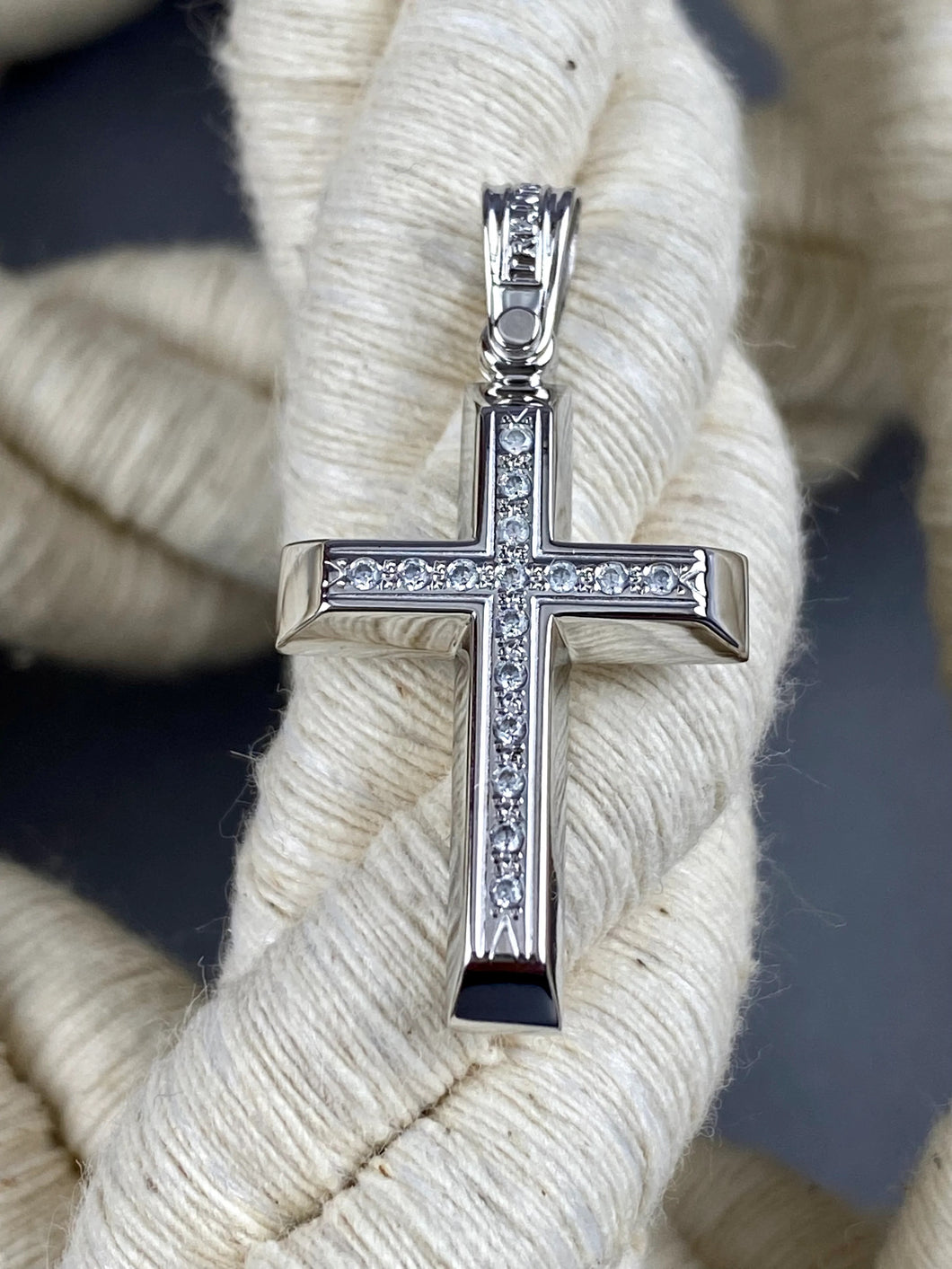 Triantos 14k White Gold Polished Cross with Precious Stones 221274