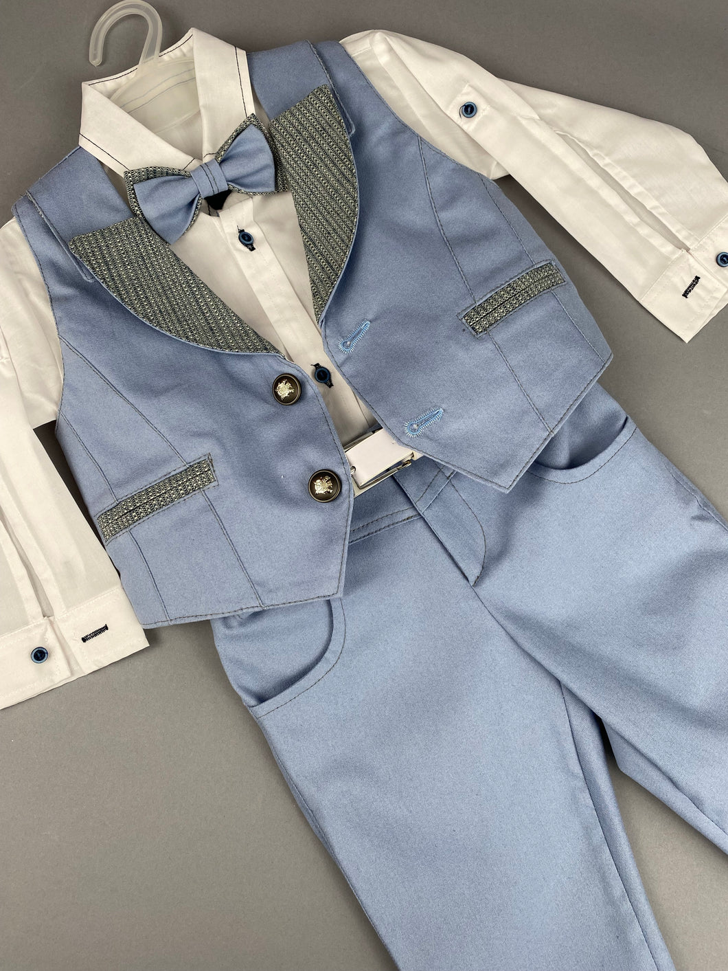 Rosies Collections 6pc Suit, Pants, Vest, Dress Shirt, Bow Tie, Belt and Hat, made in Greece,  exclusively for Rosies Collections. S202340