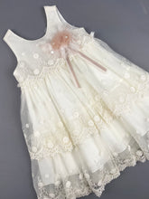 Load image into Gallery viewer, Dress 56 Girls Baptismal Christening Sleeveless Layered French Lace Dress, with matching Bolero and Hat. Made in Greece exclusively for Rosies Collections.
