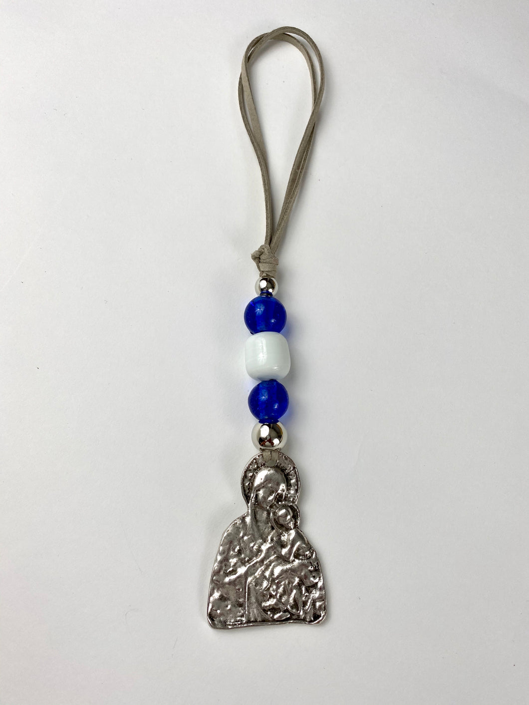 Panagia Icon with navy blue Murano Beads. 10” length
